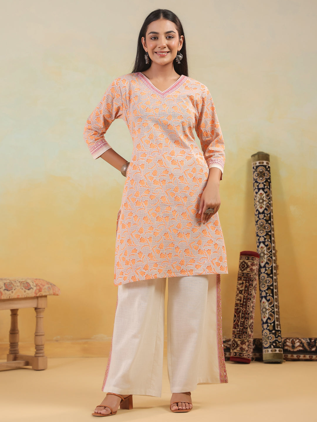 Span Orange V Neck Cotton Co-Ord Set(Set of 2)