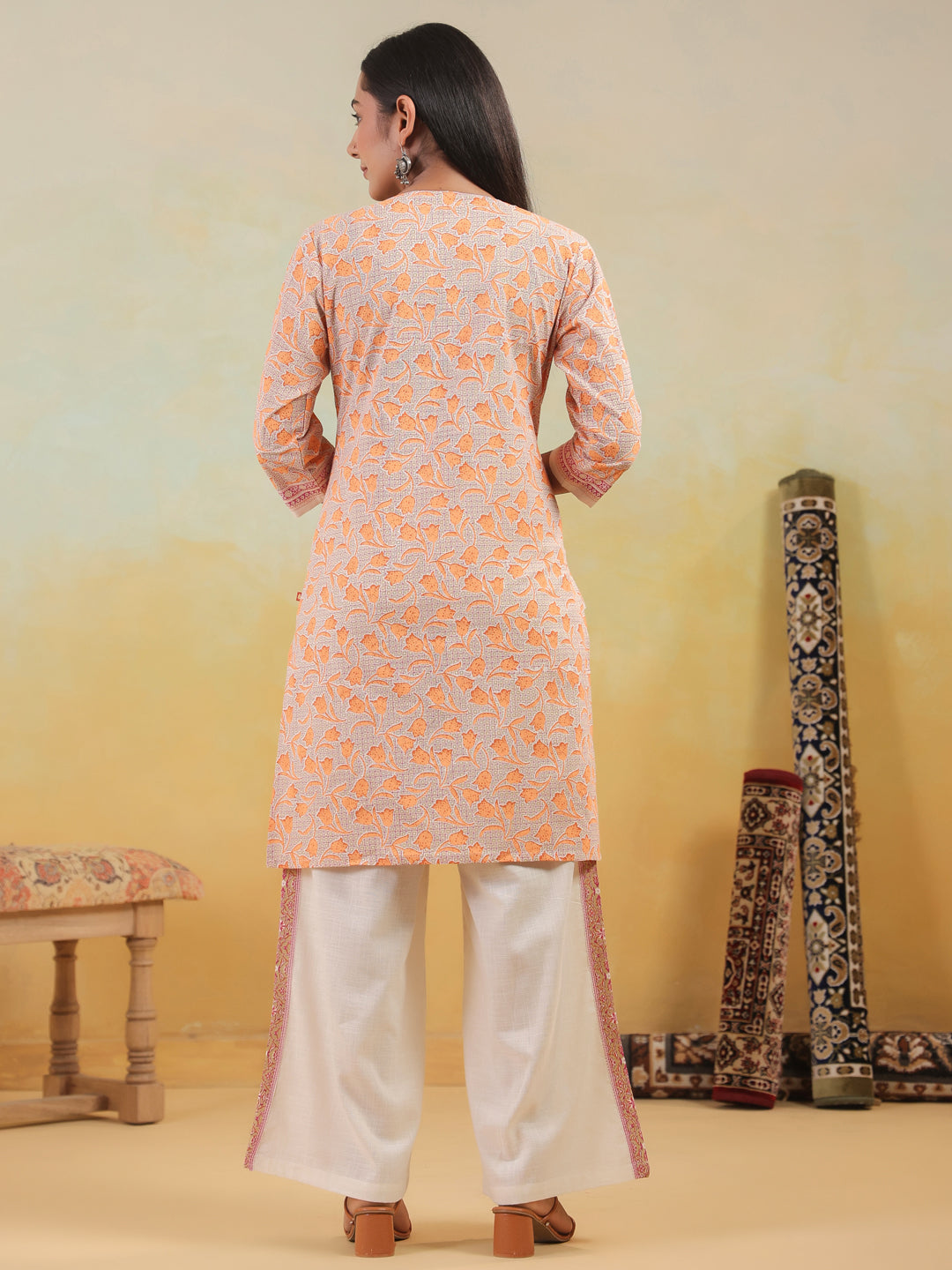 Span Orange V Neck Cotton Co-Ord Set(Set of 2)