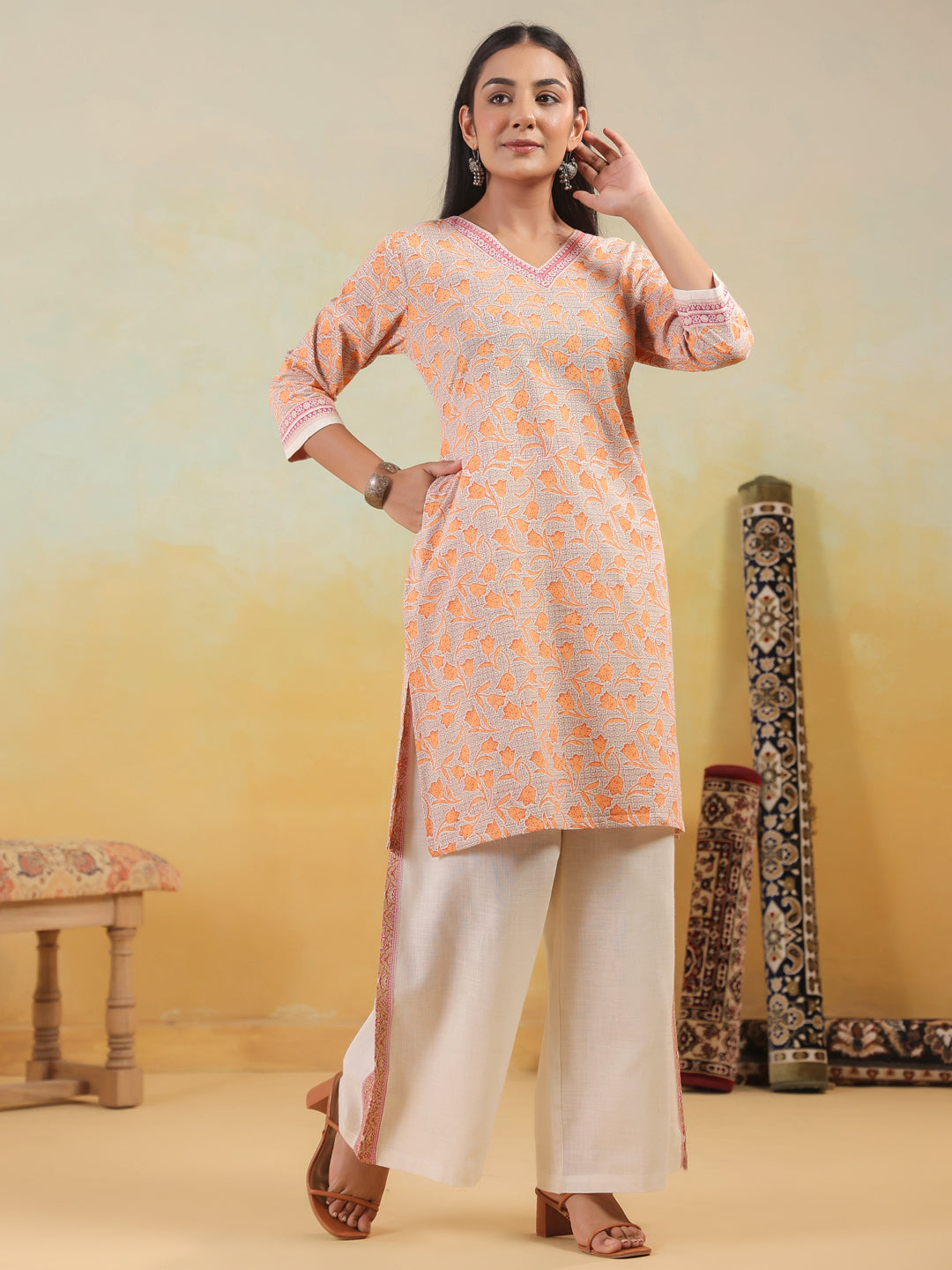 Span Orange V Neck Cotton Co-Ord Set(Set of 2)
