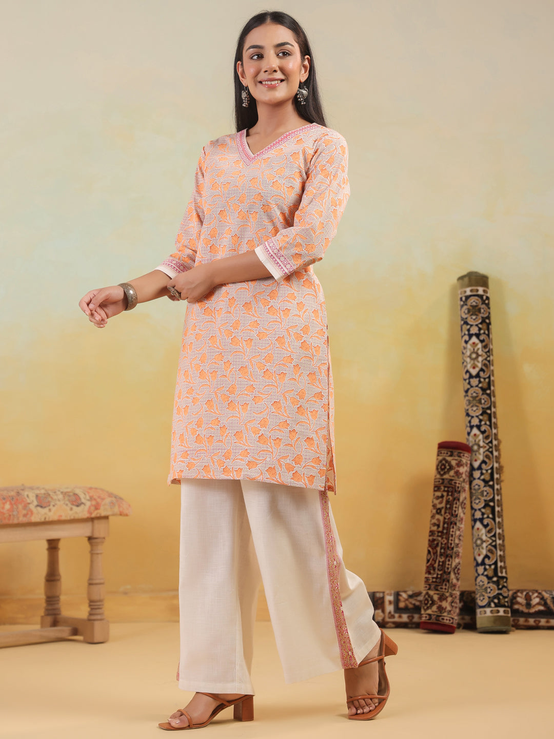 Span Orange V Neck Cotton Co-Ord Set(Set of 2)