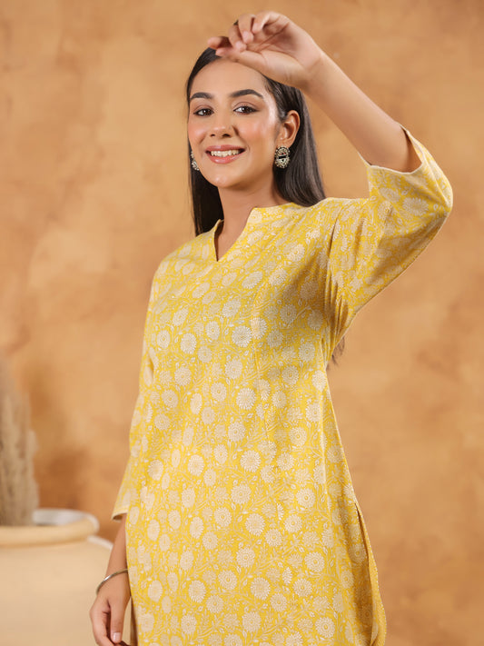 Span Yellow Mandarin Neck Cotton Kurta
