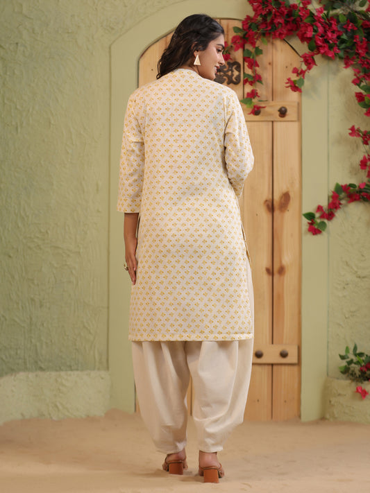 Span Ivory Mandarin Cotton Casual Kurta