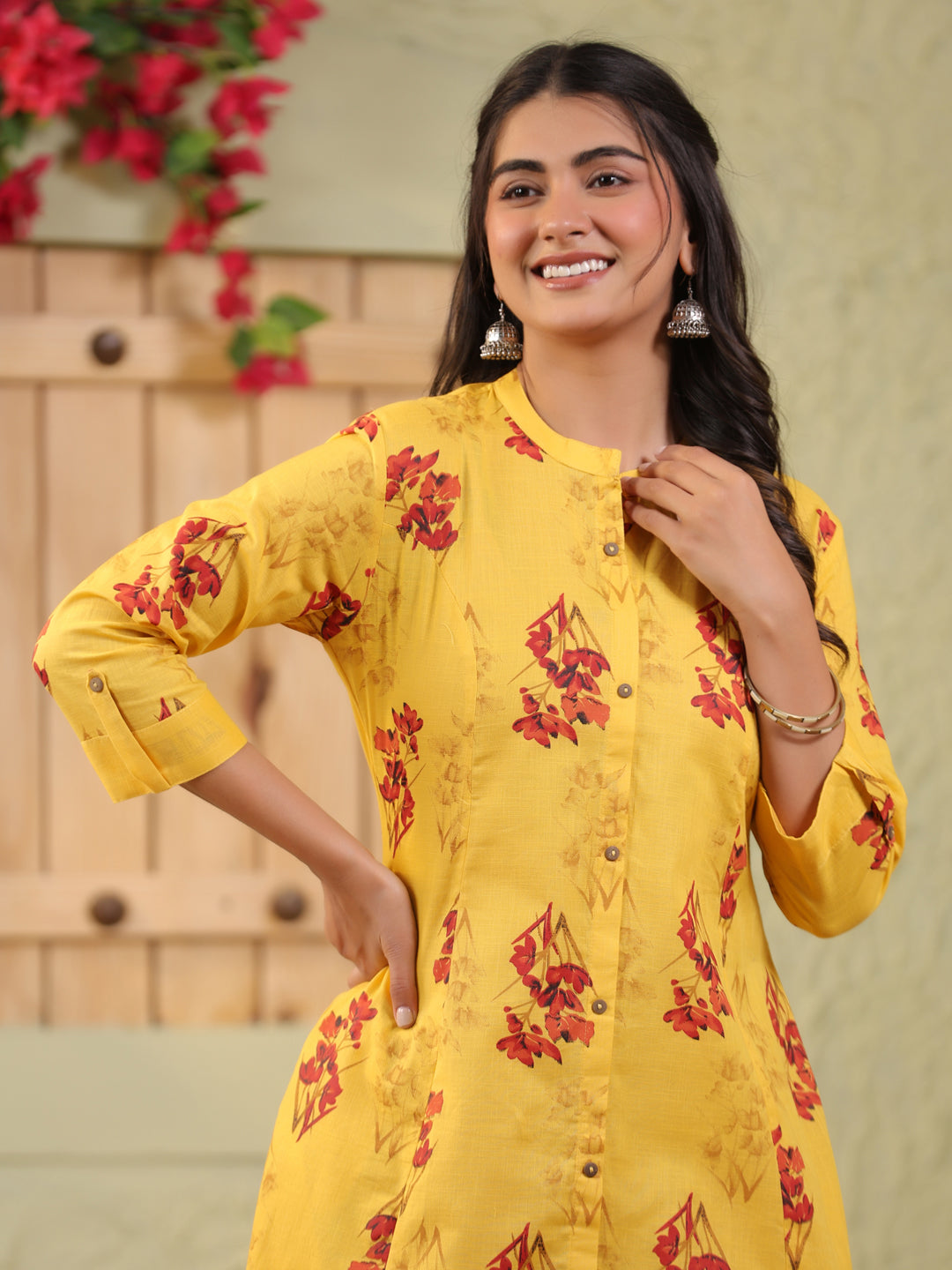 Span Yellow Mandarin Cotton Casual Kurta