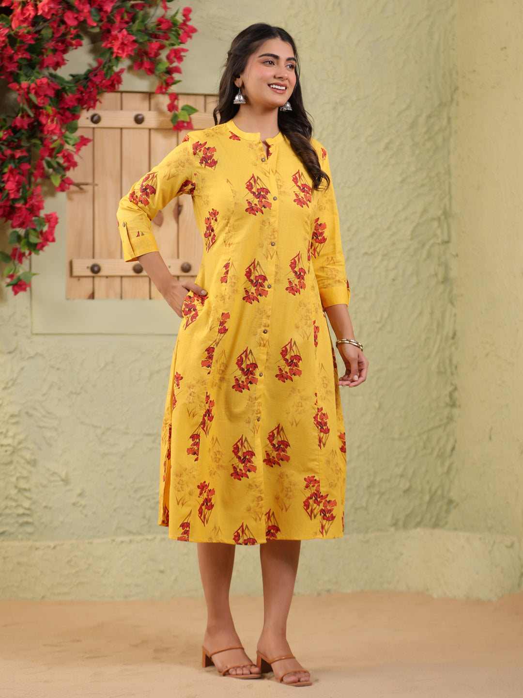 Span Yellow Mandarin Cotton Casual Kurta