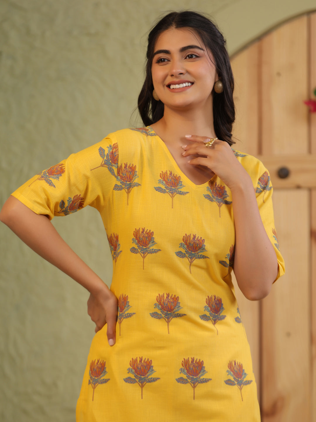 Span Yellow V-Neck Cotton Co-Ord Set(Set of 2)