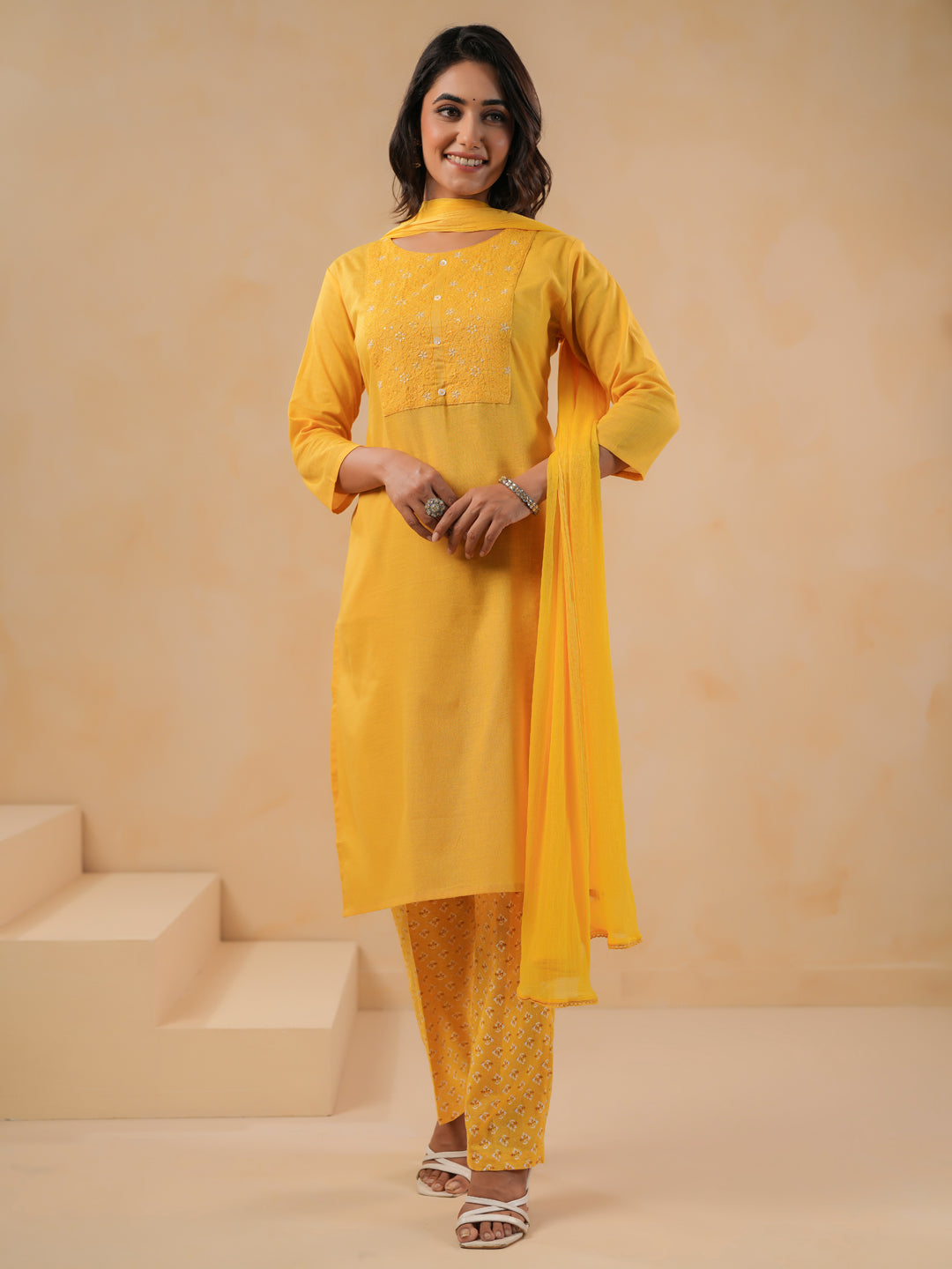 Span Yellow Round Neck Cotton Kurta Set with Dupatta
