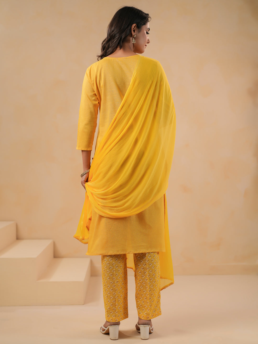 Span Yellow Round Neck Cotton Kurta Set with Dupatta