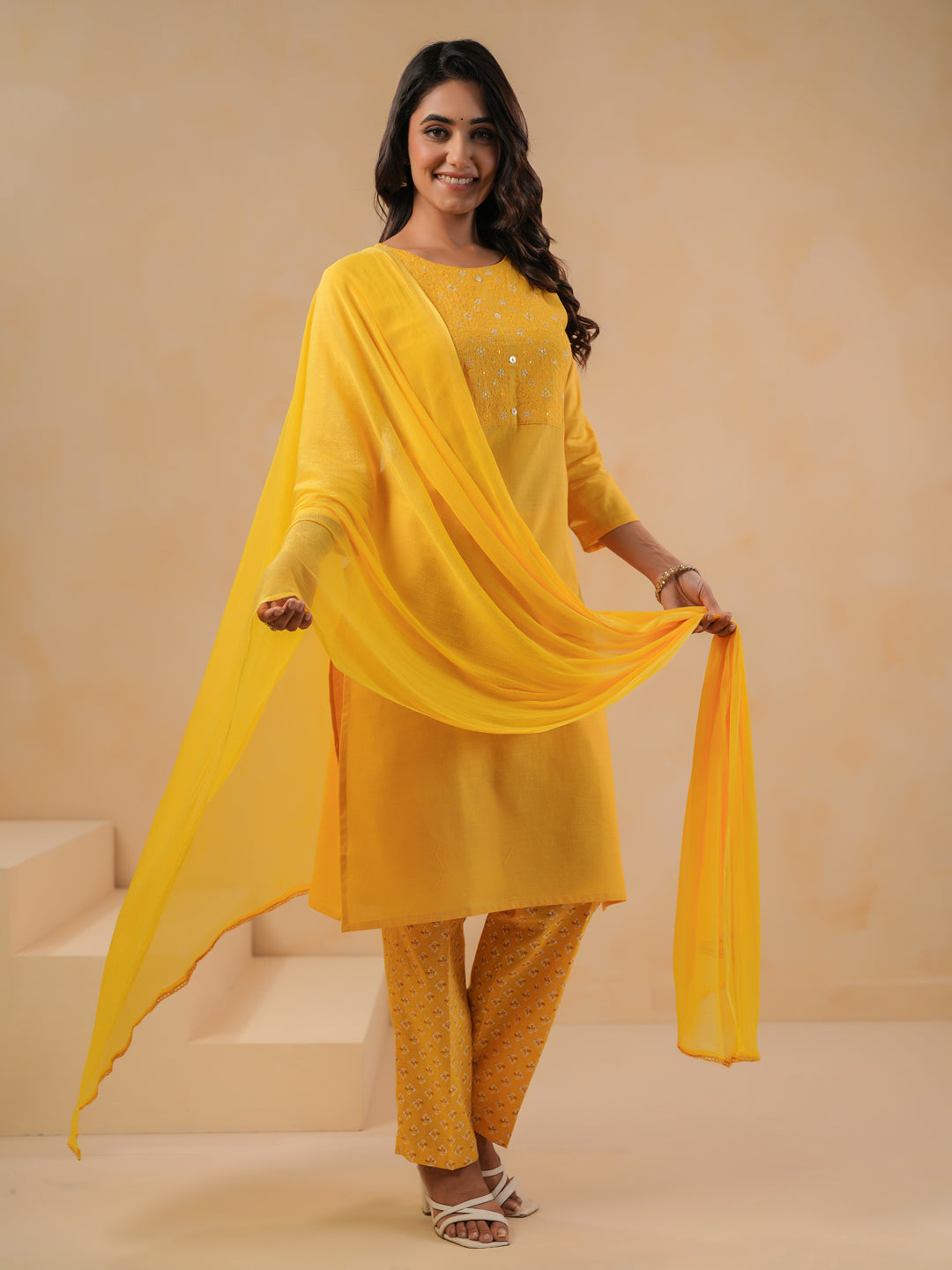 Span Yellow Round Neck Cotton Kurta Set with Dupatta