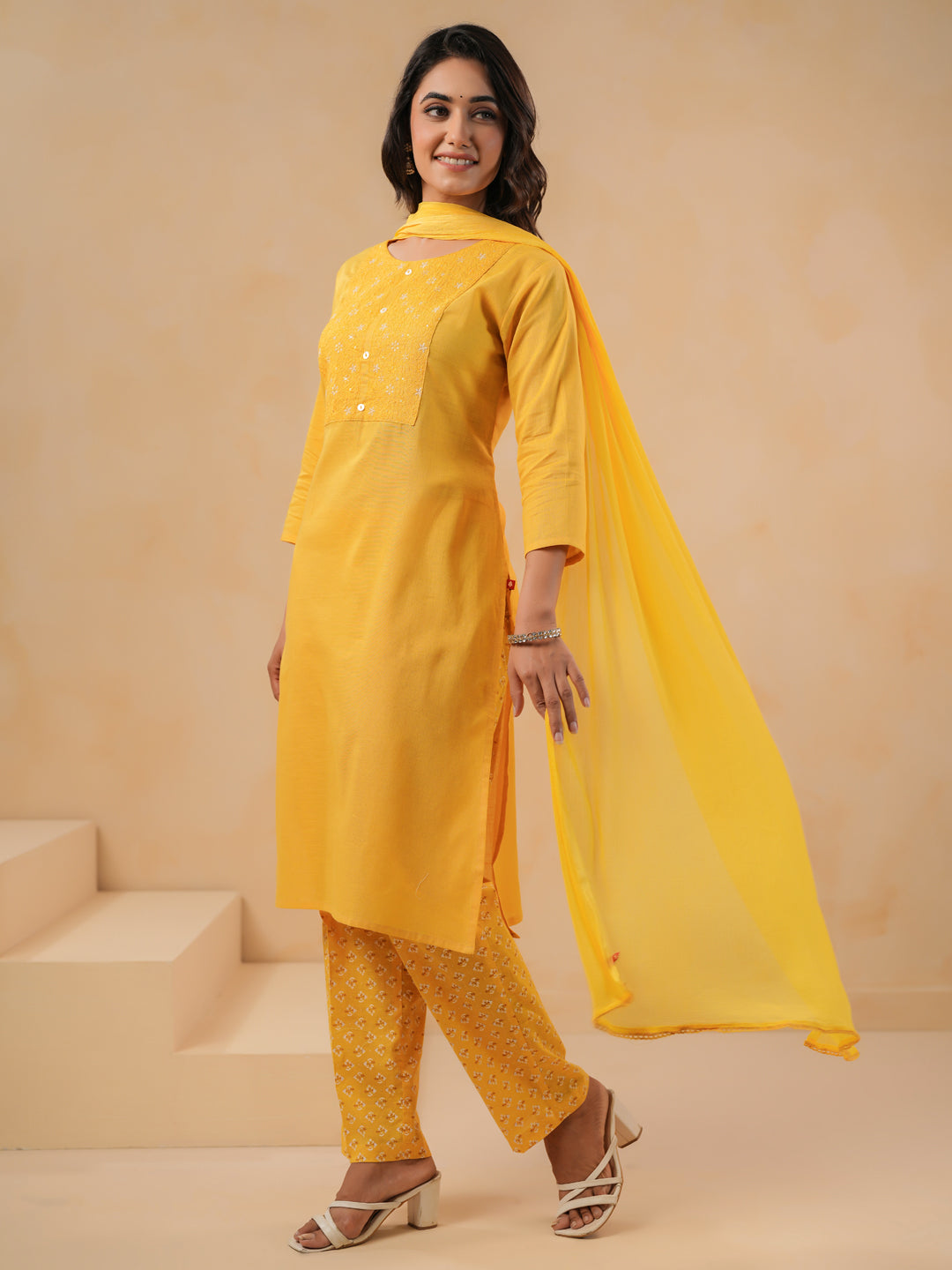 Span Yellow Round Neck Cotton Kurta Set with Dupatta