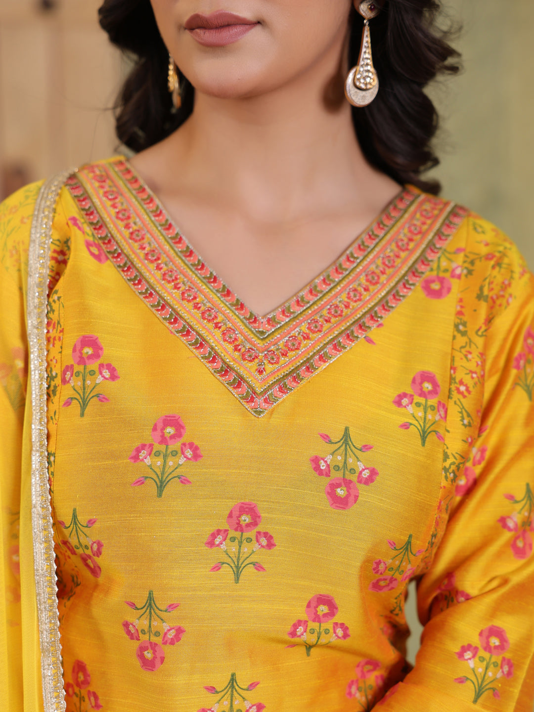 Span Yellow V-Neck Silk Kurta Set with Dupatta