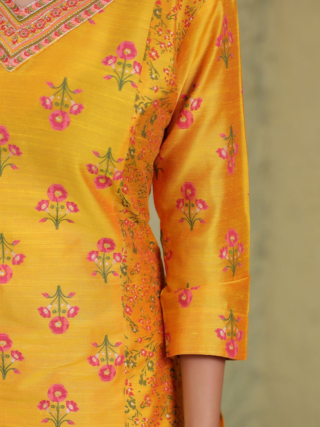 Span Yellow V-Neck Silk Kurta Set with Dupatta