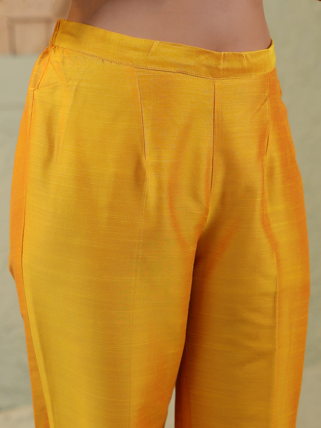 Span Yellow V-Neck Silk Kurta Set with Dupatta
