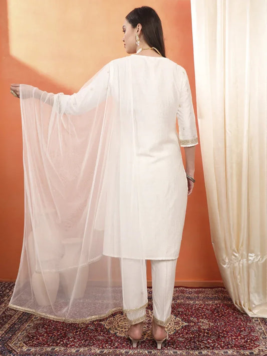 Span White V-Neck Kurta Set with Dupatta
