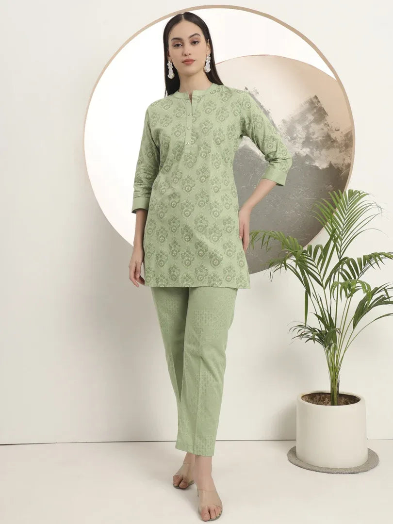 Span Green Mandarin Cotton Short Kurta
