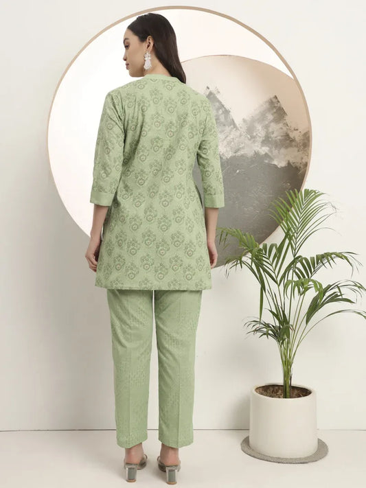 Span Green Mandarin Cotton Short Kurta