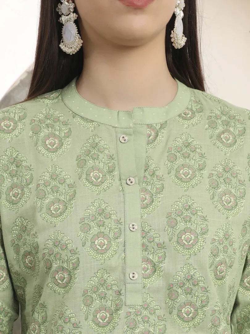 Span Green Mandarin Cotton Short Kurta