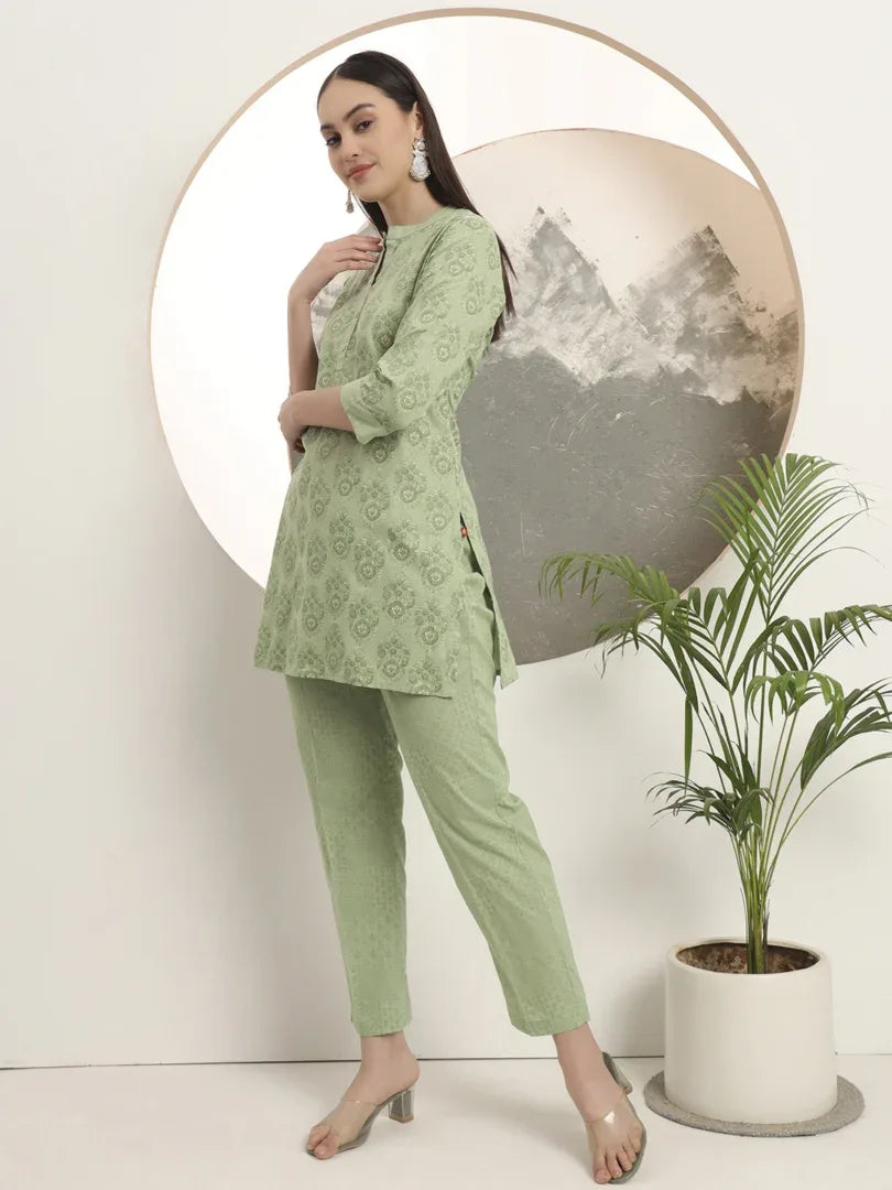 Span Green Mandarin Cotton Short Kurta