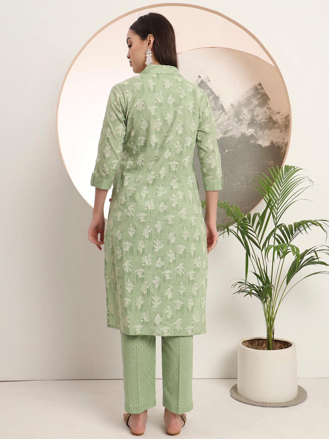 Span Green Collard Cotton Kurta