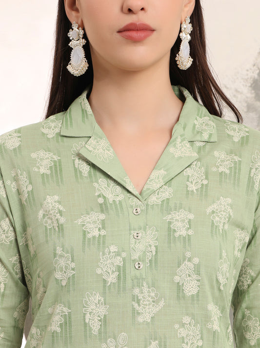 Span Green Collard Cotton Kurta