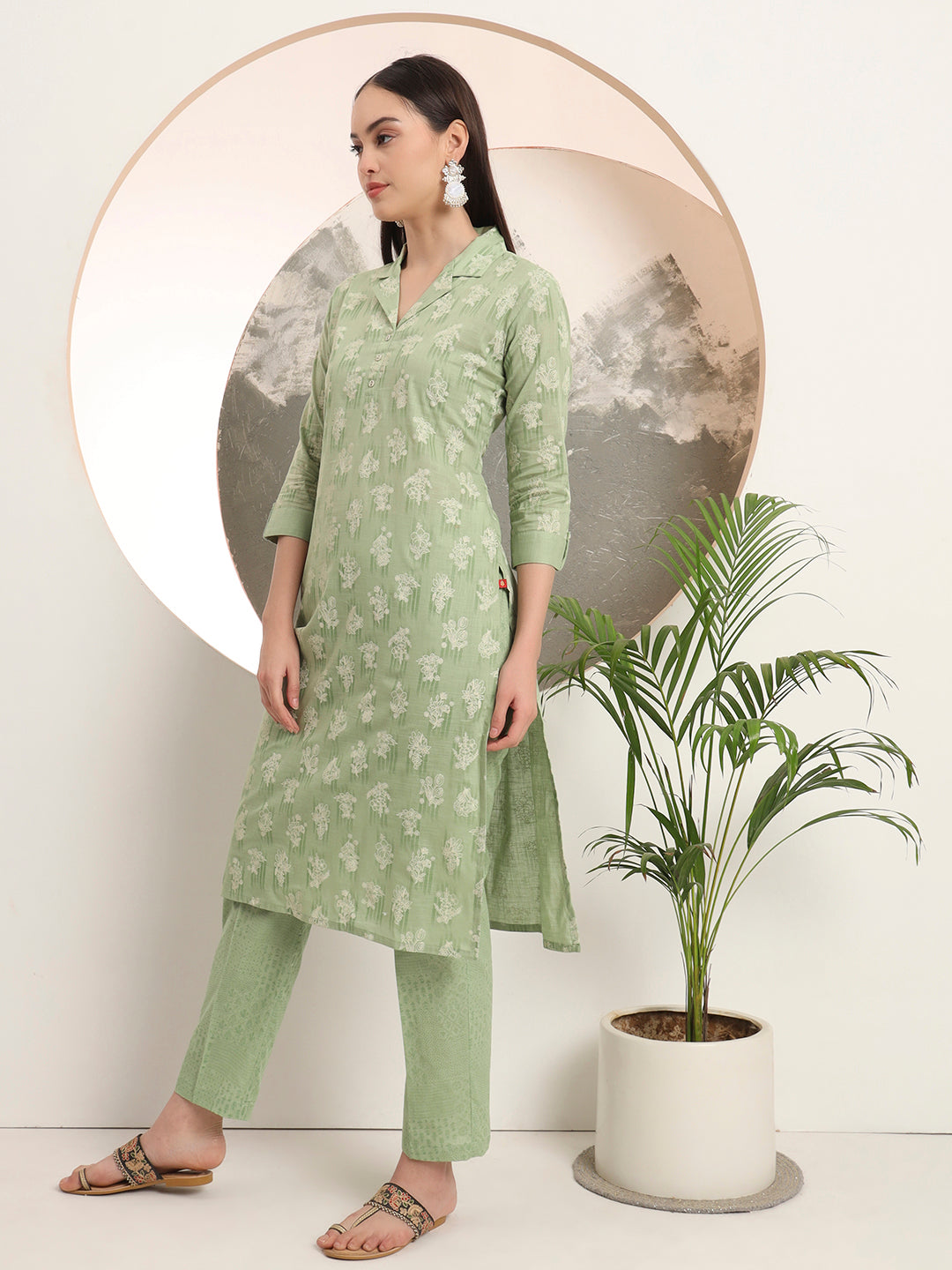 Span Green Collard Cotton Kurta