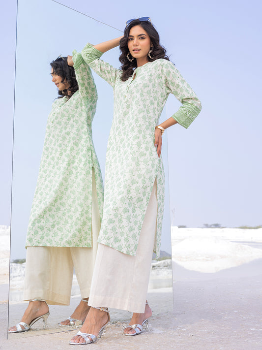 Span Ivory Mandarin Cotton Casual Kurta