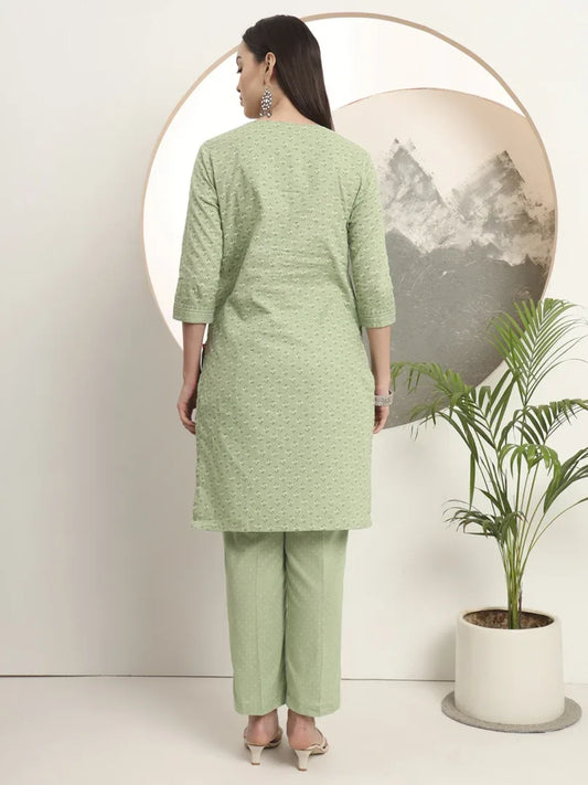 Span Green Deep-V Cotton Co-Ord Set(Set of 2)