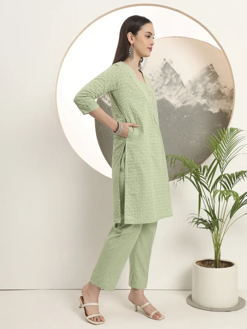 Span Green Deep-V Cotton Co-Ord Set(Set of 2)