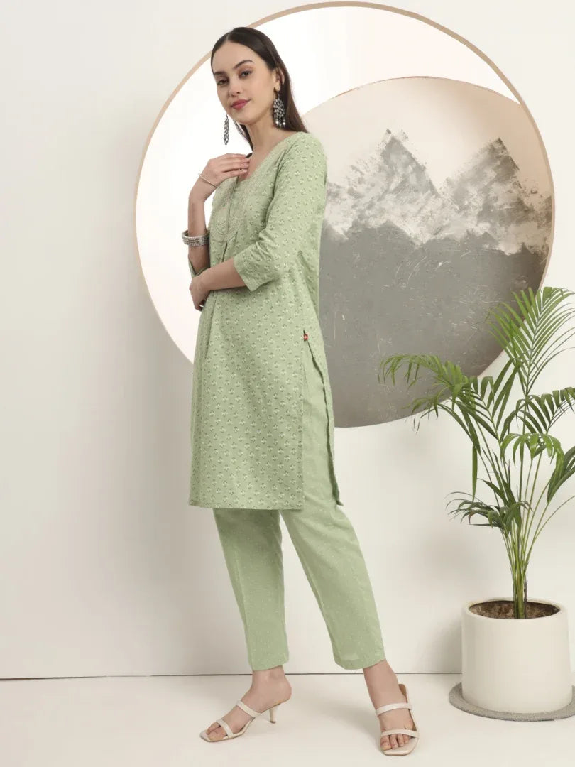Span Green Deep-V Cotton Co-Ord Set(Set of 2)