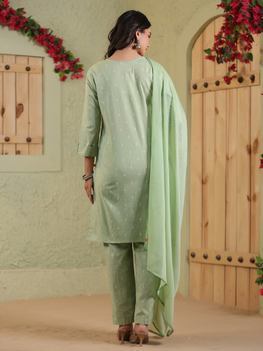 Span Green V-Neck Cotton Kurta Set with Dupatta