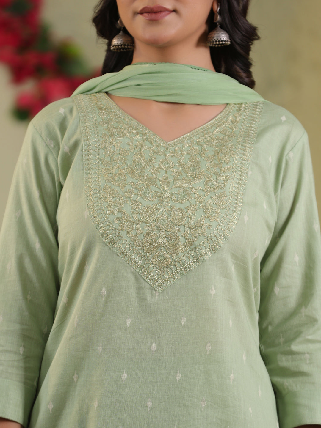 Span Green V-Neck Cotton Kurta Set with Dupatta