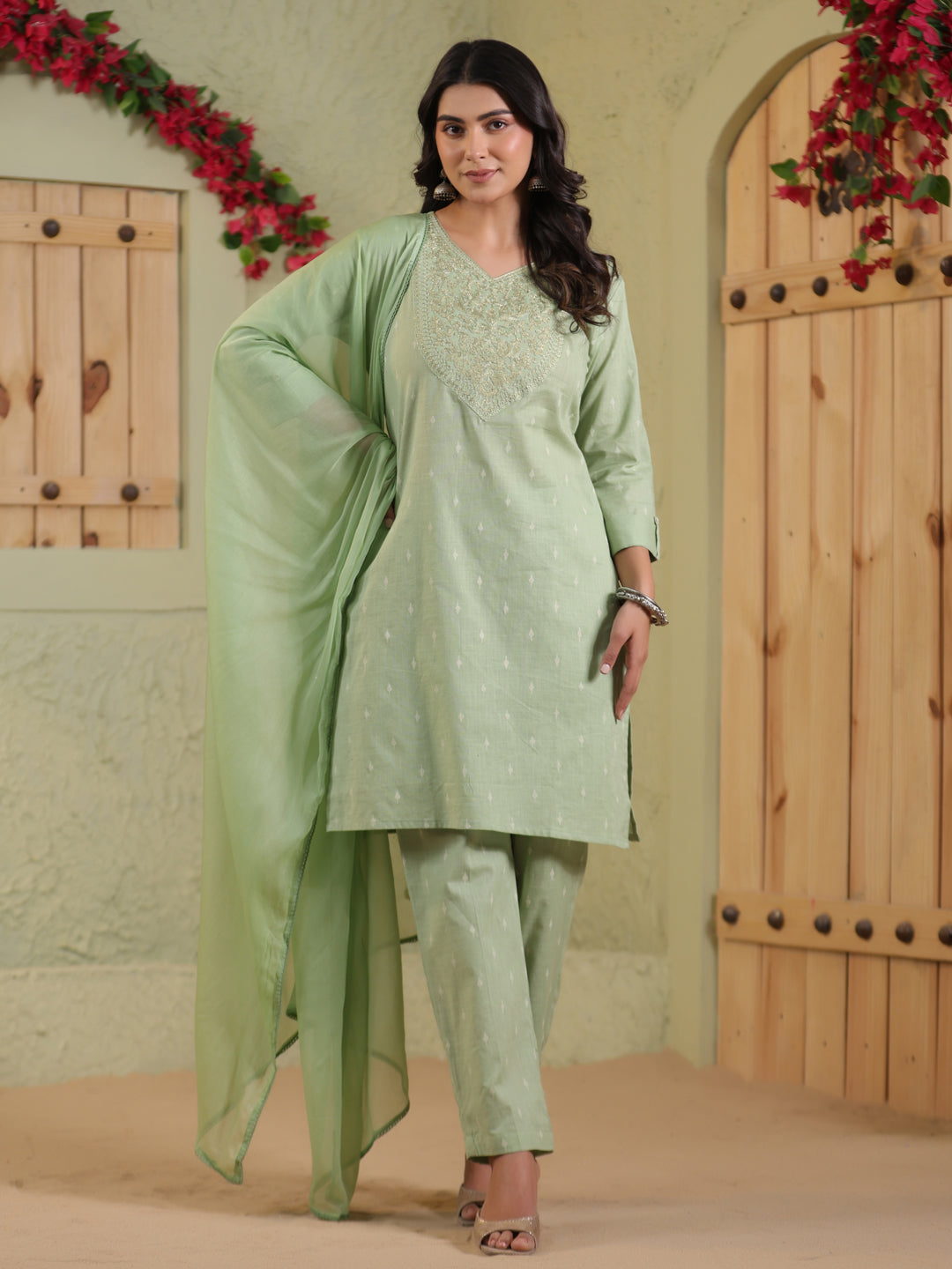 Span Green V-Neck Cotton Kurta Set with Dupatta