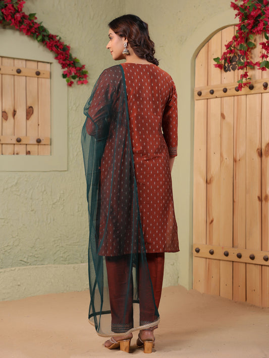 Span Maroon Round Neck Silk Kurta Set with Dupatta