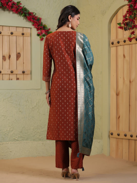 Span Brown V-Neck Silk Kurta Set with Dupatta