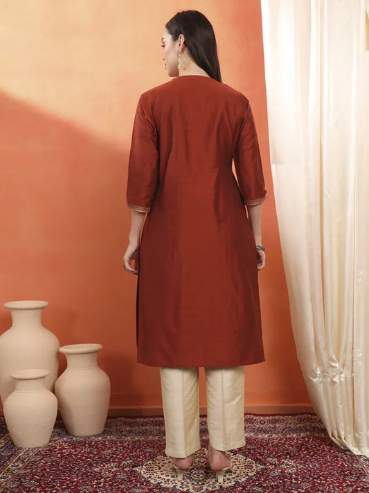 Span Maroon Round Neck Silk Kurta