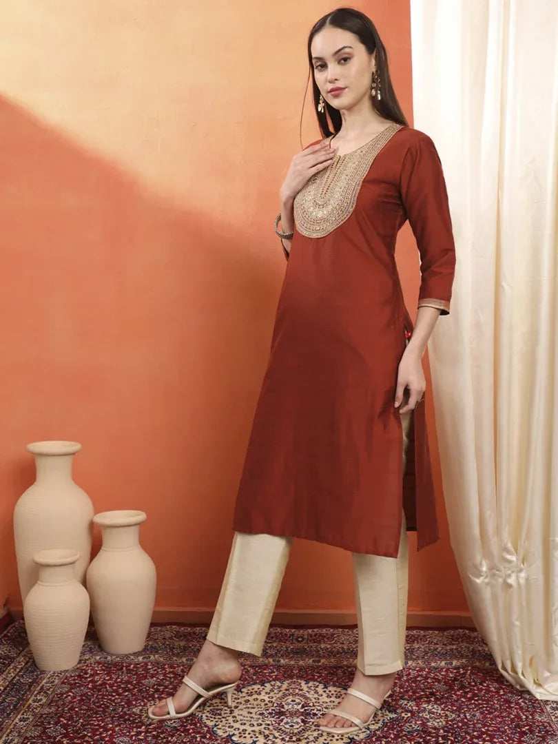 Span Maroon Round Neck Silk Kurta