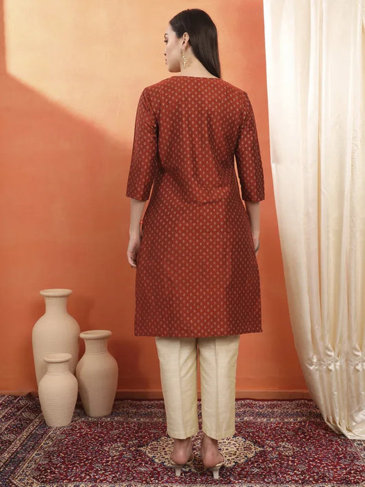 Span Maroon V-Neck Silk Kurta