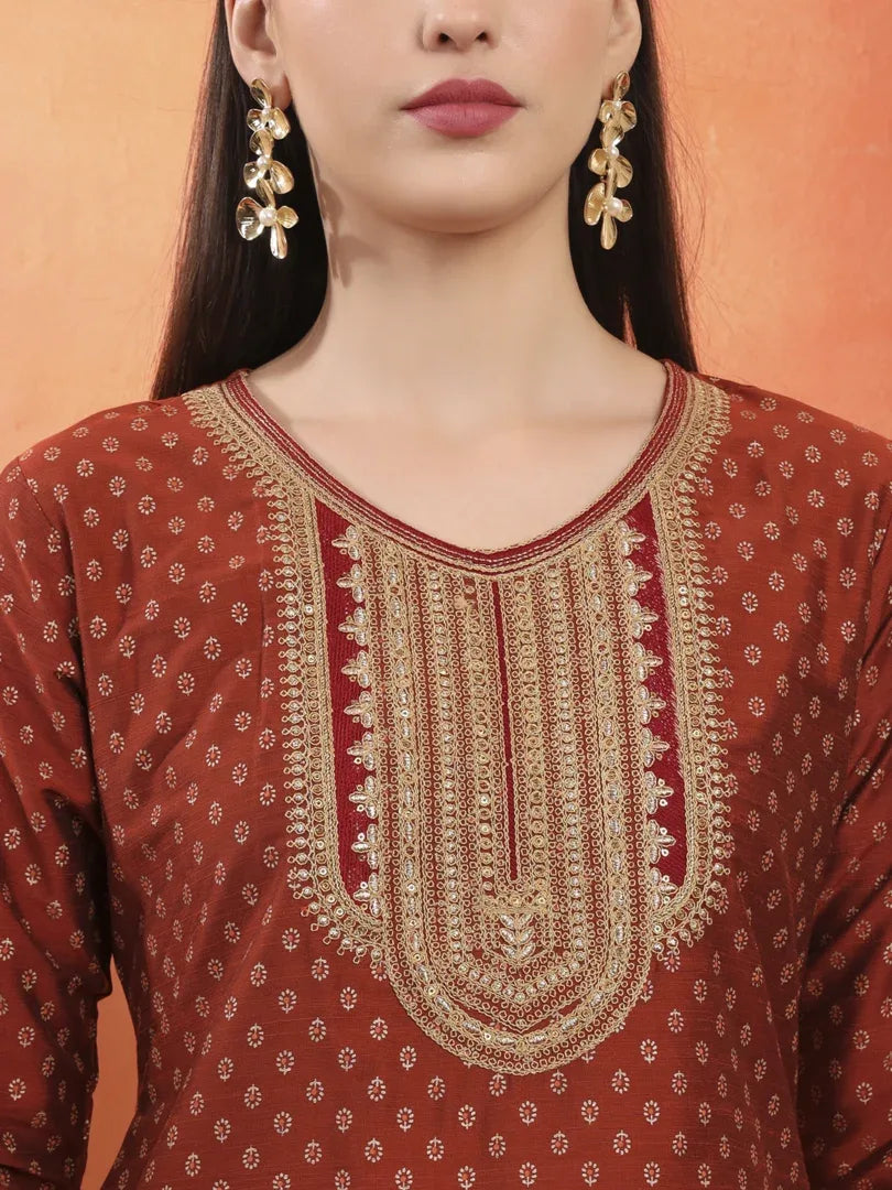 Span Maroon V-Neck Silk Kurta