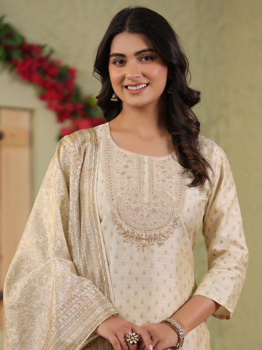 Span Ivory Round Neck Silk Kurta Set with Dupatta