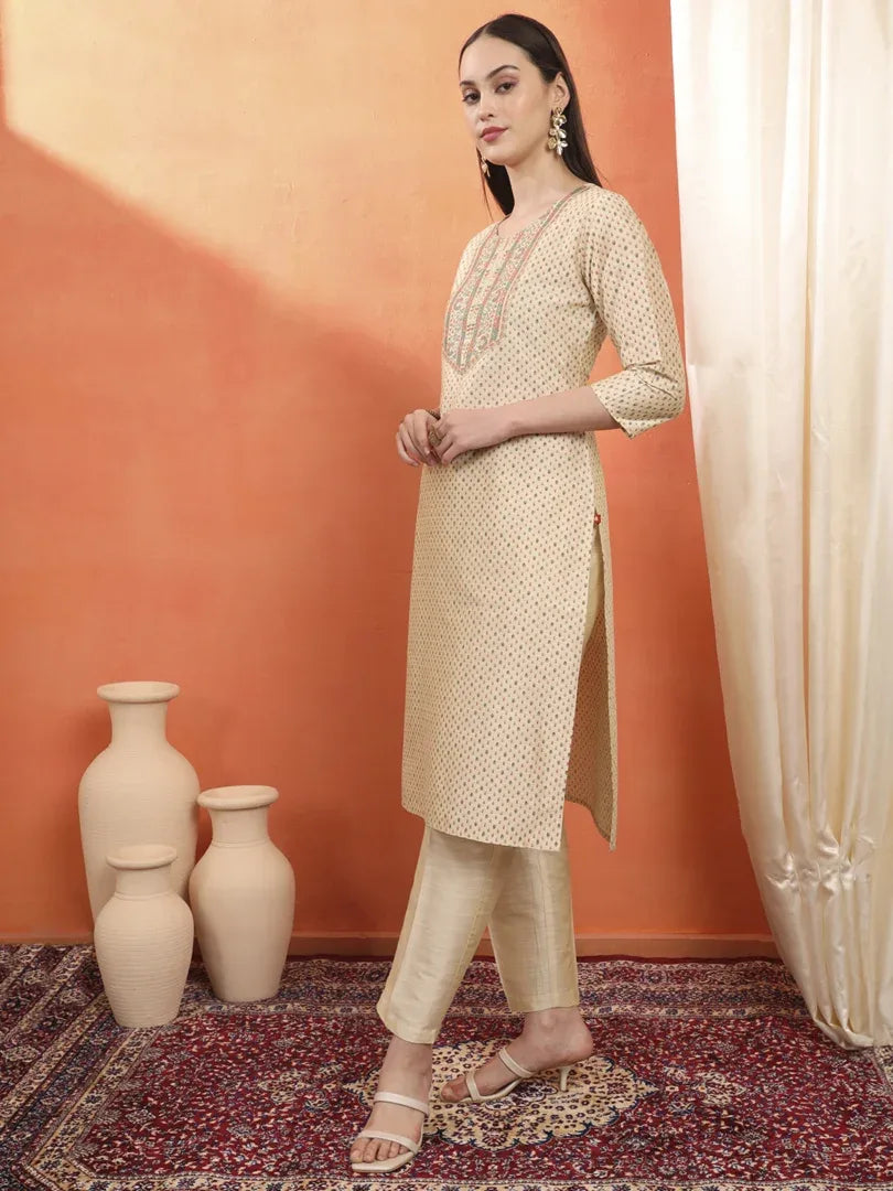 Span Ivory Round Neck Silk Kurta