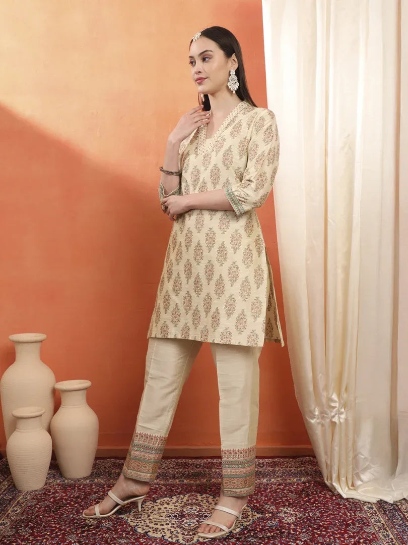 Span Ivory V-neck Silk Co-Cord Set(Set of 2)