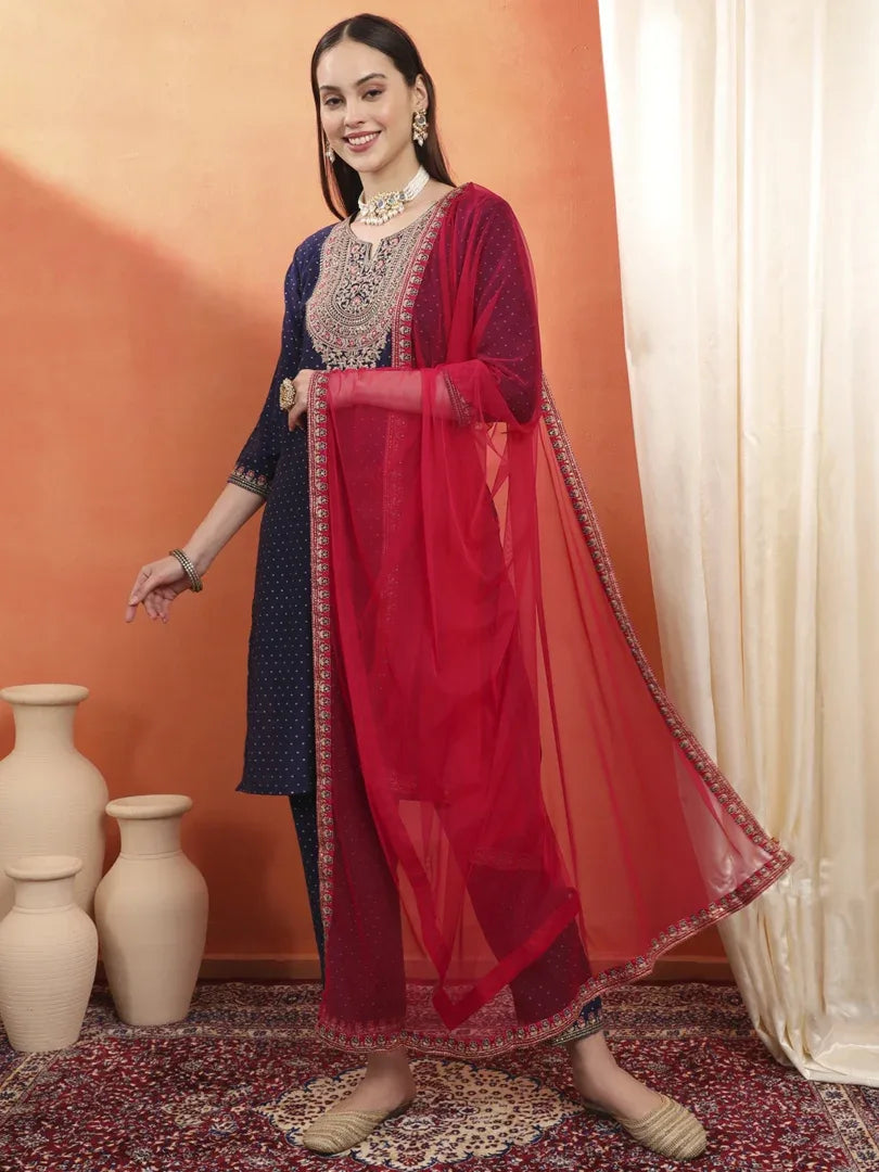 Span Blue Round Neck Viscose Kurta Set with Dupatta
