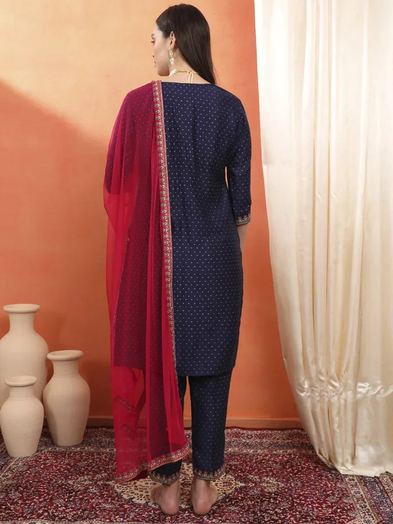 Span Blue Round Neck Viscose Kurta Set with Dupatta