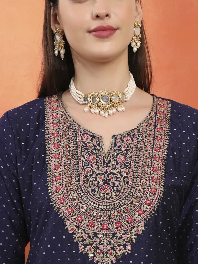 Span Blue Round Neck Viscose Kurta Set with Dupatta