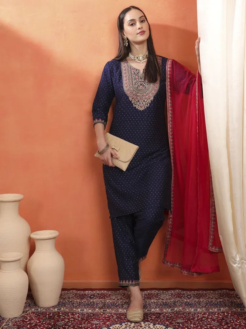 Span Blue Round Neck Viscose Kurta Set with Dupatta