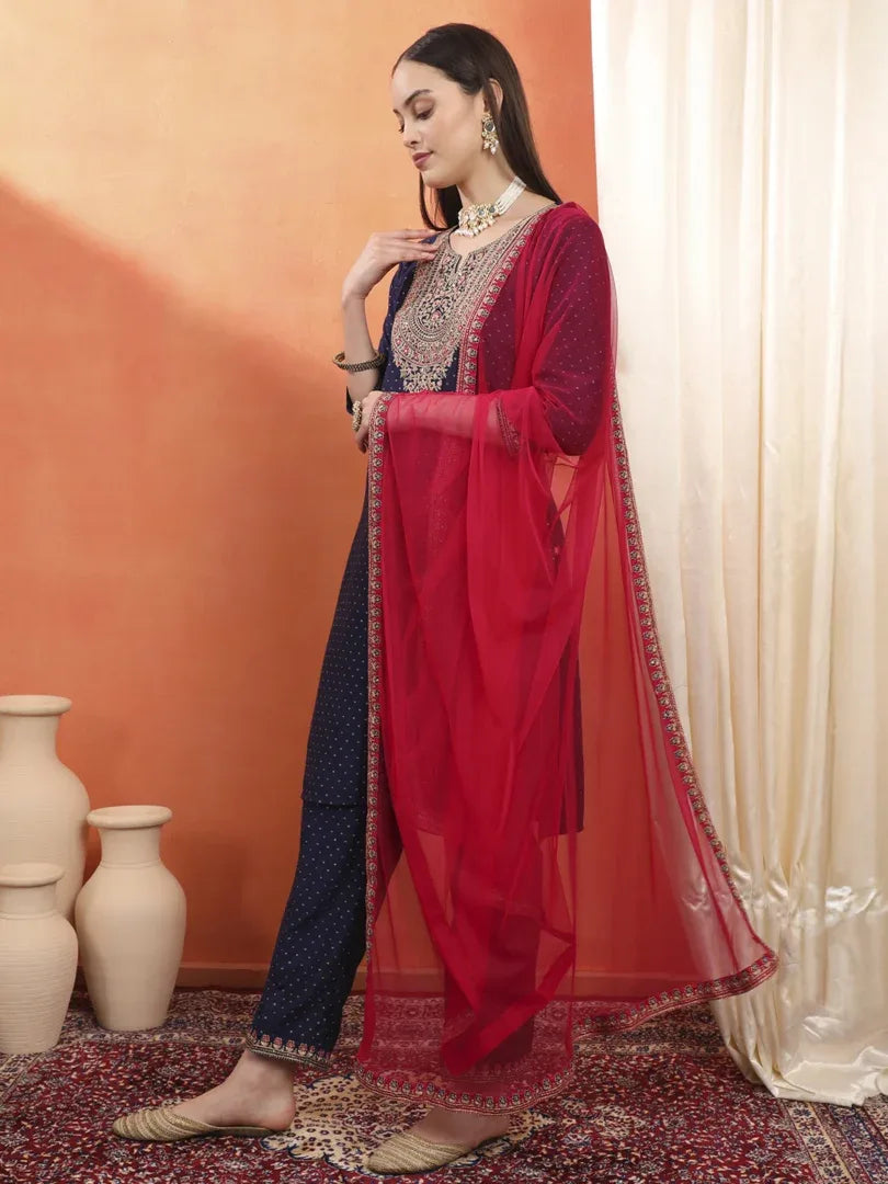 Span Blue Round Neck Viscose Kurta Set with Dupatta