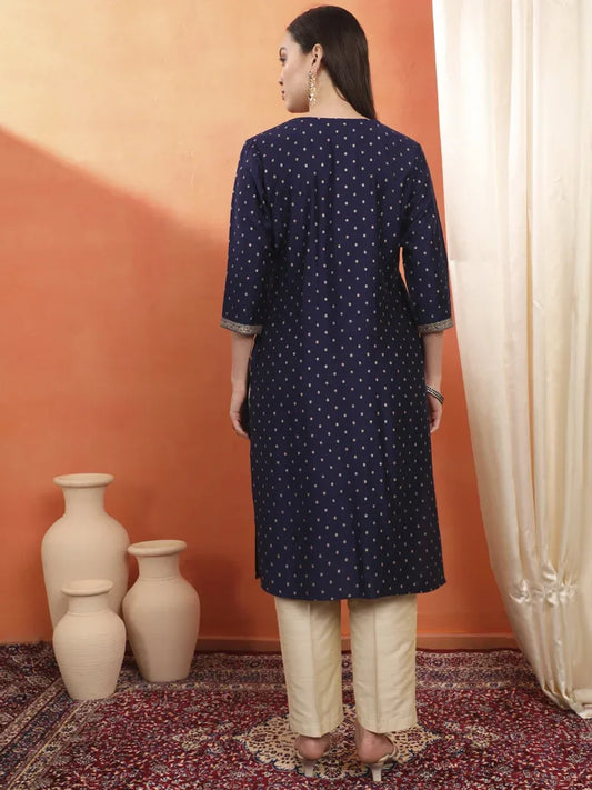Span Blue V-Neck Viscose Kurta
