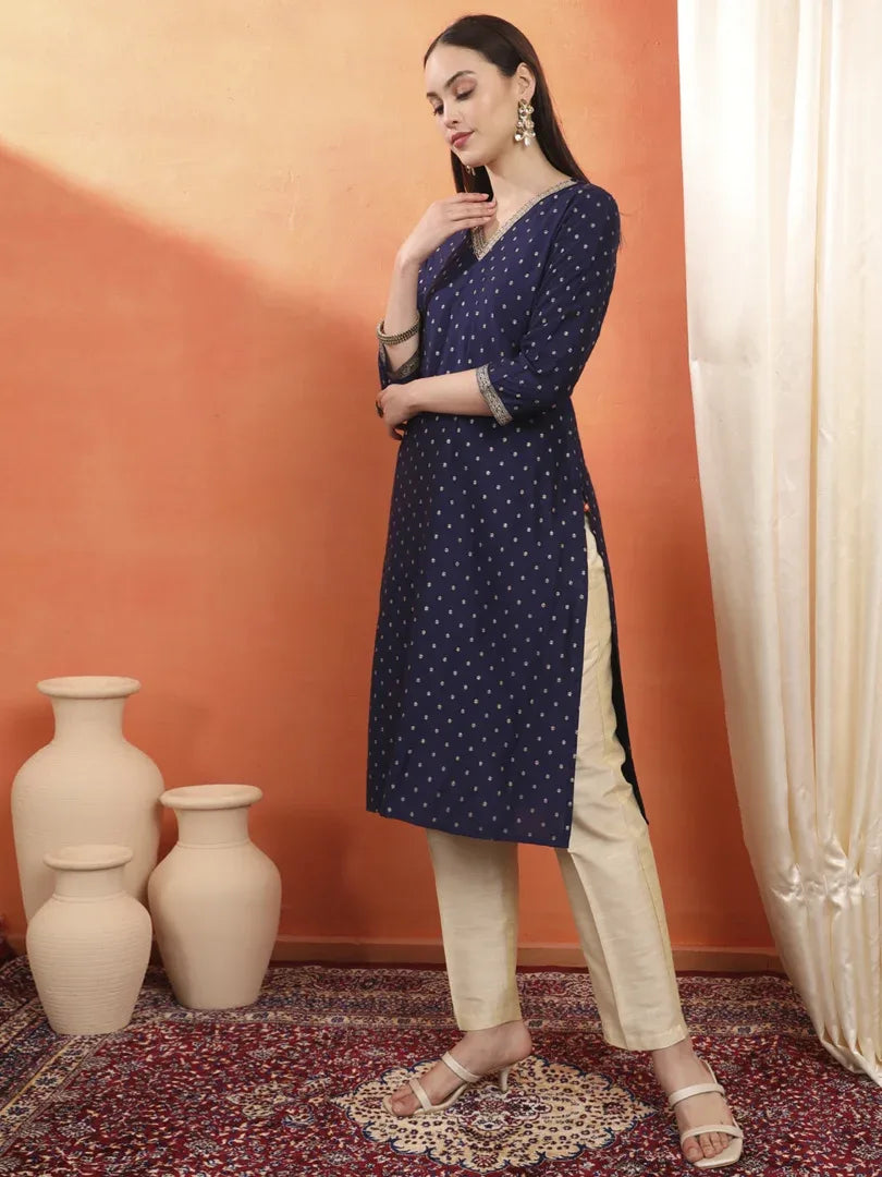 Span Blue V-Neck Viscose Kurta