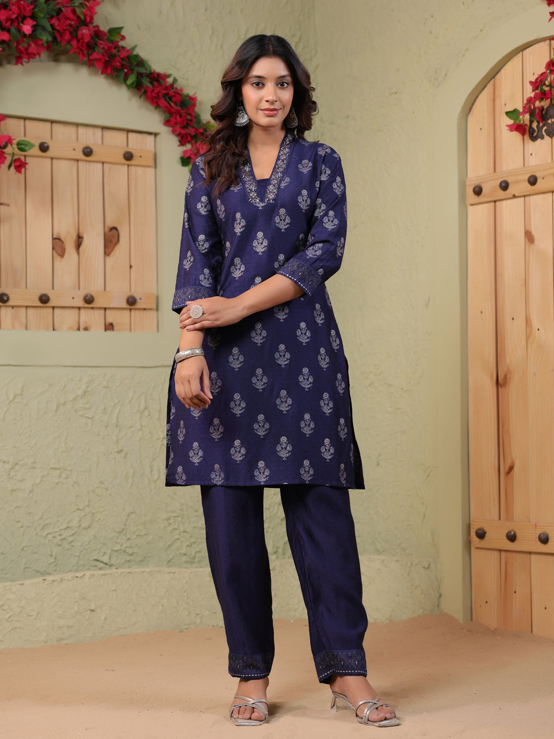 Span Blue Deep-V Viscose Co-Ord Set(Set of 2)