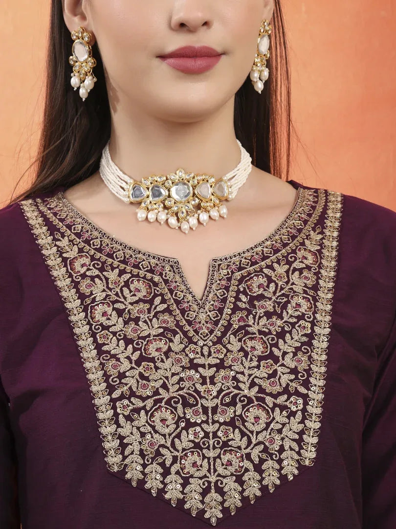 Span Purple Round Neck Silk Kurta Set with Dupatta