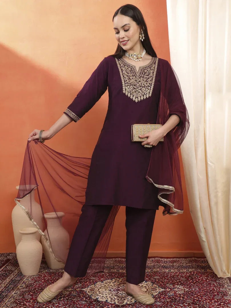 Span Purple Round Neck Silk Kurta Set with Dupatta